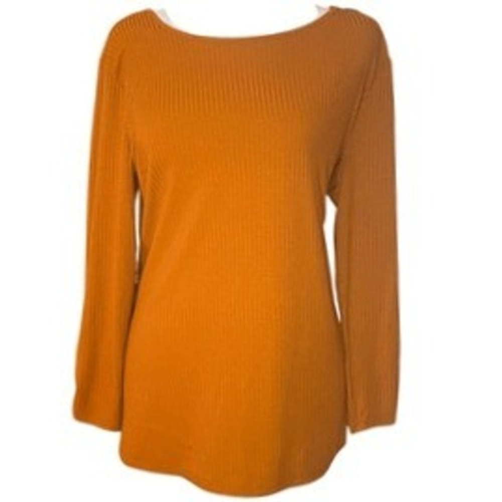 AB Studio Womens Burnt Orange Ribbed Boat Neck Long Sleeve Side Tie Top Large